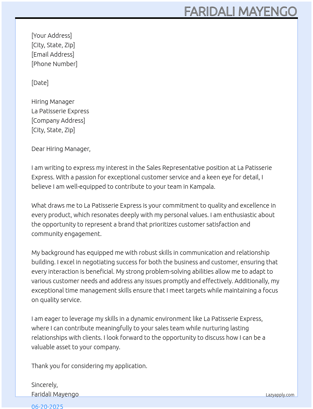Sales Representative  At LA PATISSERIE EXPRESS  Cover Letter
