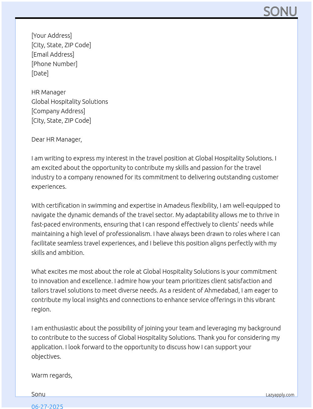 Travel  At Global hospitality solutions  Cover Letter