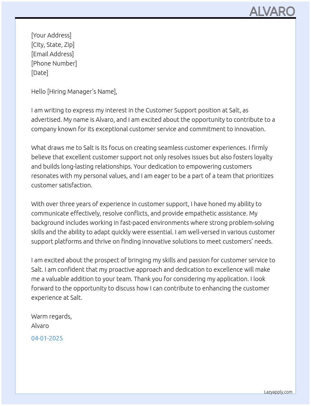 Customer support At Salt Cover Letter