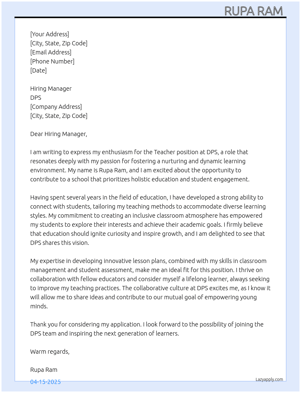 Teacher  At DPS Cover Letter