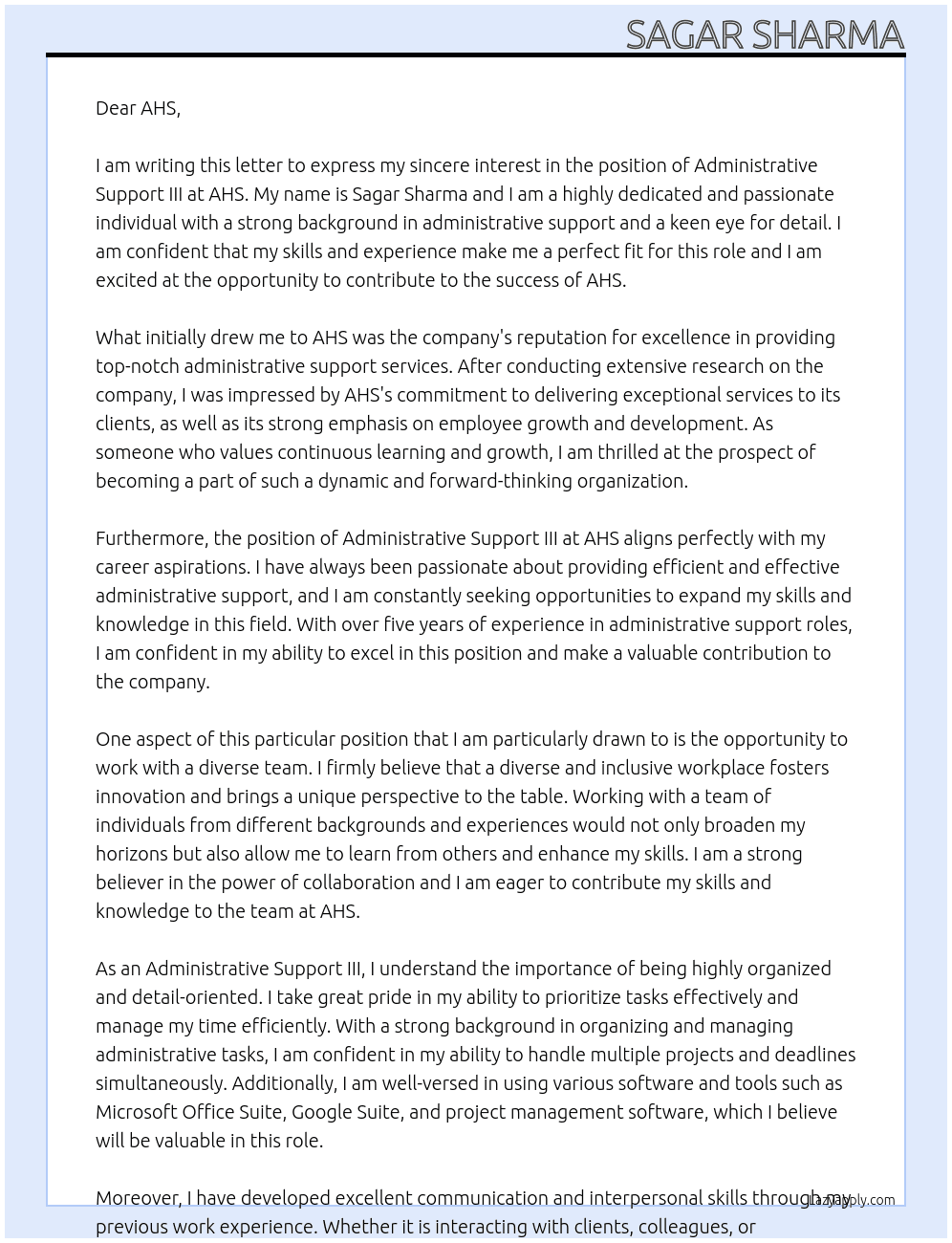 Administrative Support III At AHS Cover Letter
