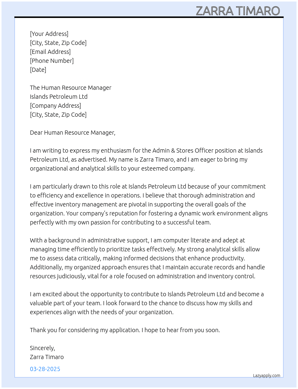 Admin & Stores Officer At Islands Petroleum Ltd Cover Letter