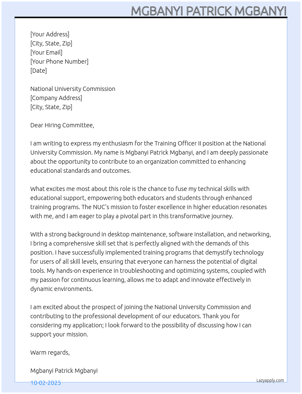 Training officer II At National university commision Cover Letter