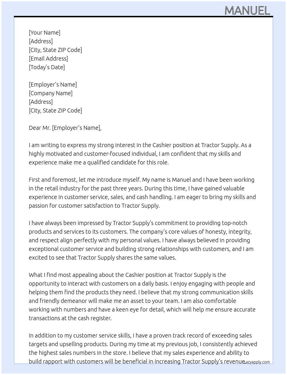 Cashier At Tractor supply  Cover Letter