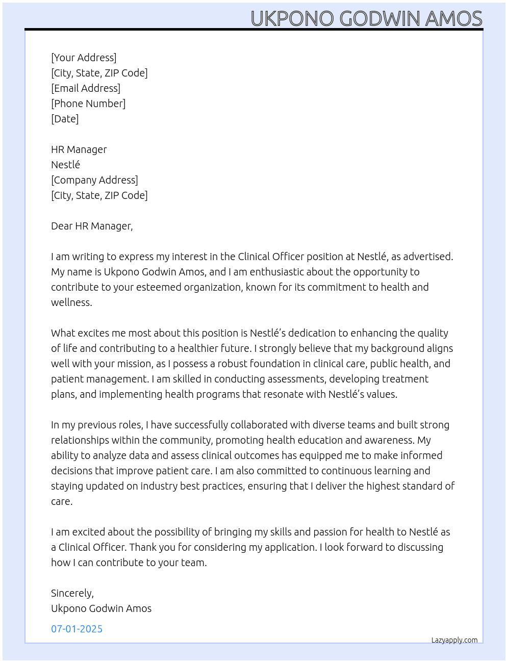 Cover letter for clinical officer - LazyApply