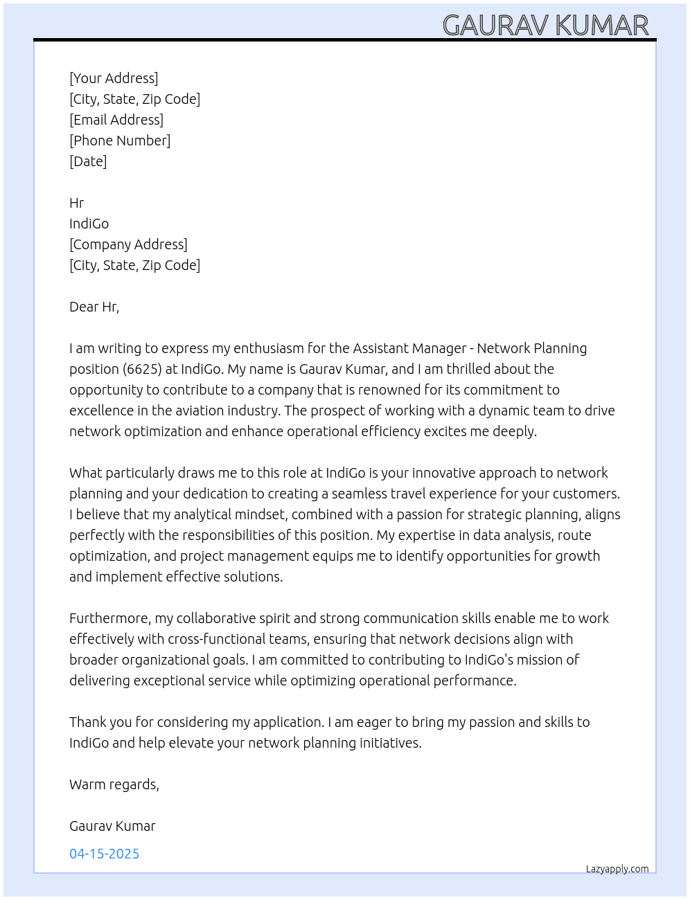 Cover letter for assistant manager network planning, 6625 - LazyApply