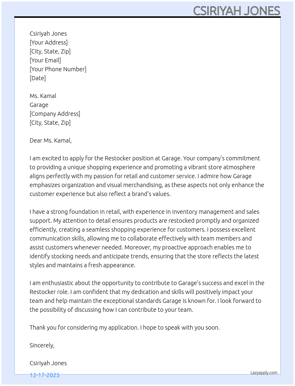 restocker  At Garage Cover Letter