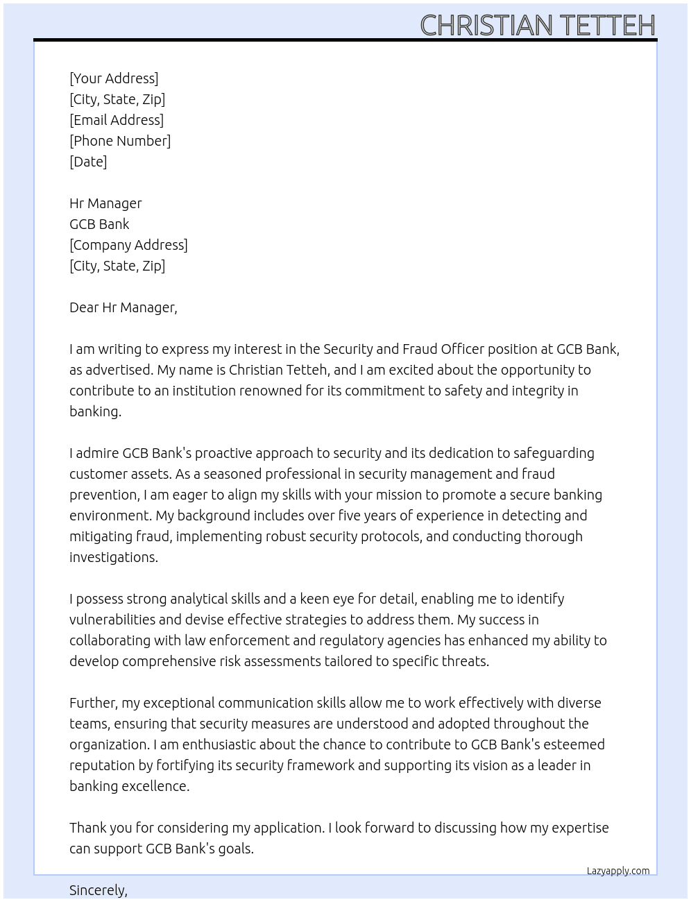 Cover letter for security and fraud officer - LazyApply