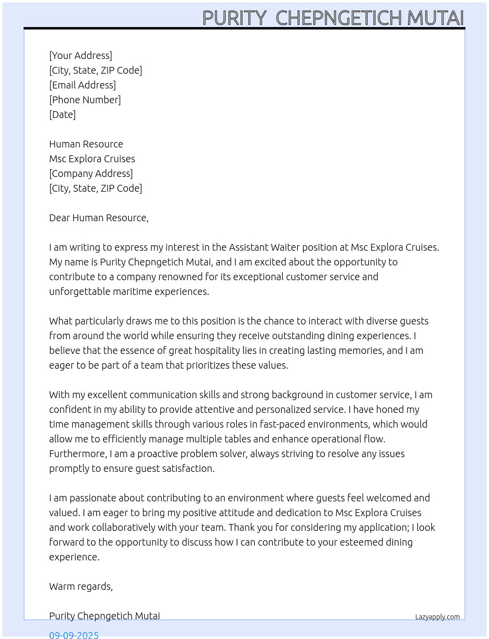 Assistant Waiter  At Msc Explora cruises  Cover Letter