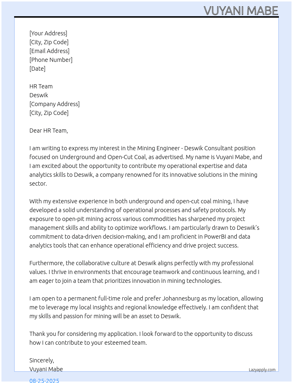 Mining Engineer - Deswik Consultant (Underground & Open-Cut Coal) At Deswik Cover Letter