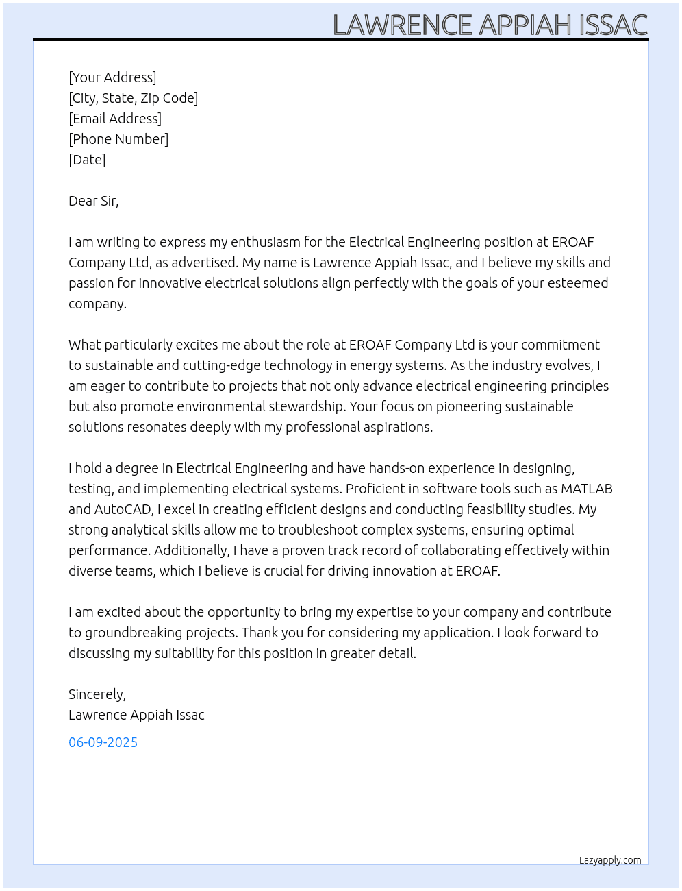 electrical engineering At EROAF COMPANY LTD  Cover Letter