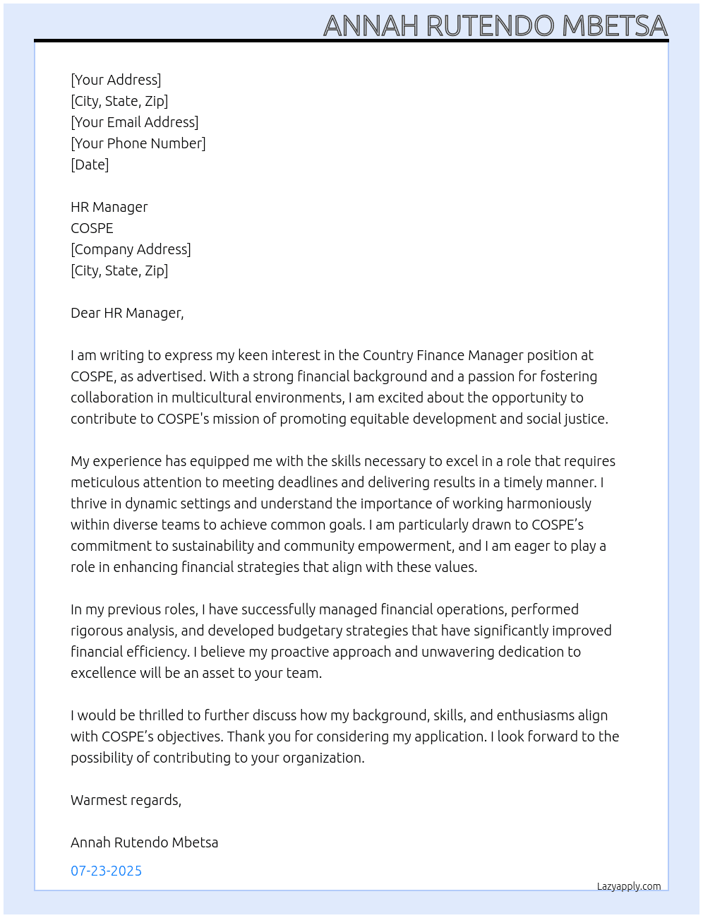 Country Finance Manager At COSPE Cover Letter