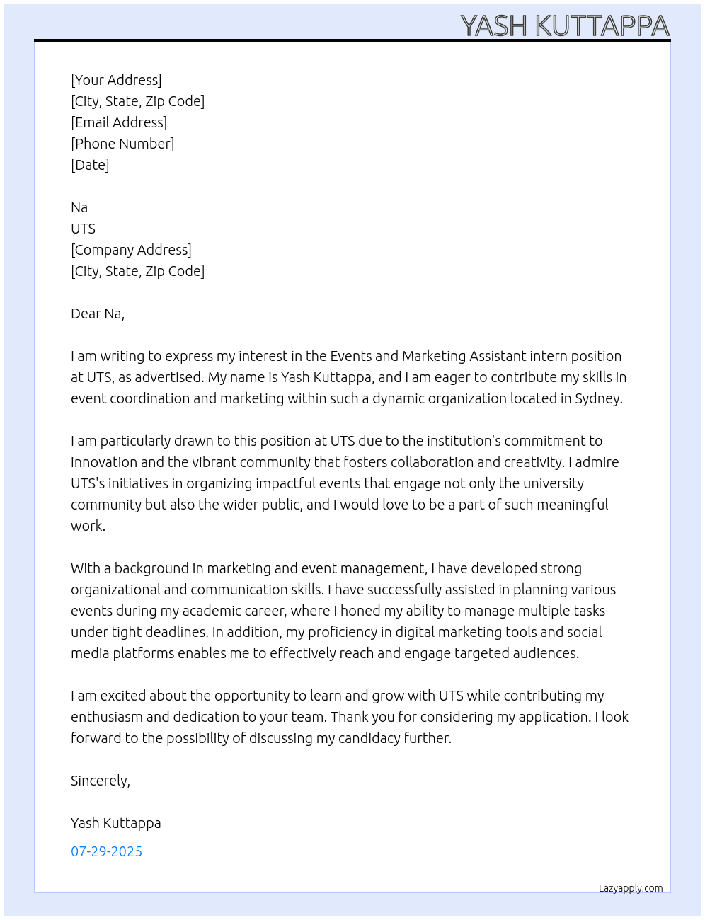 Cover letter for events and marketing assistant - LazyApply