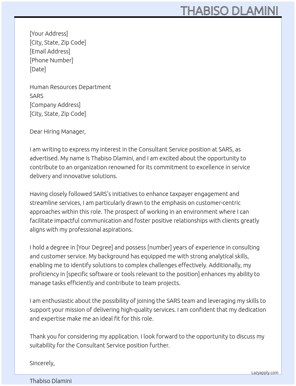 Consultant Service  At Sars Cover Letter