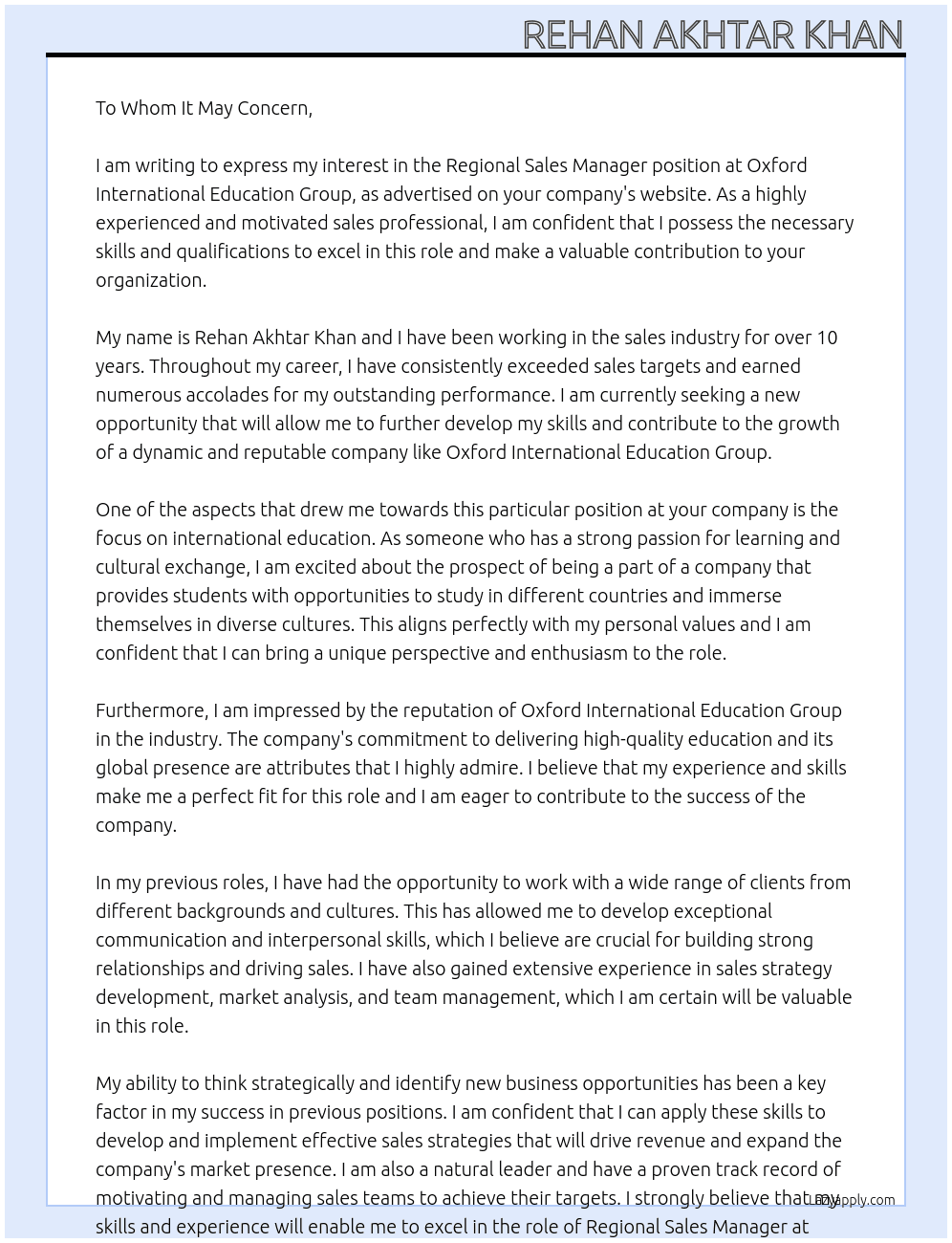 Regional Sales Manager At Oxford International Education Group Cover Letter