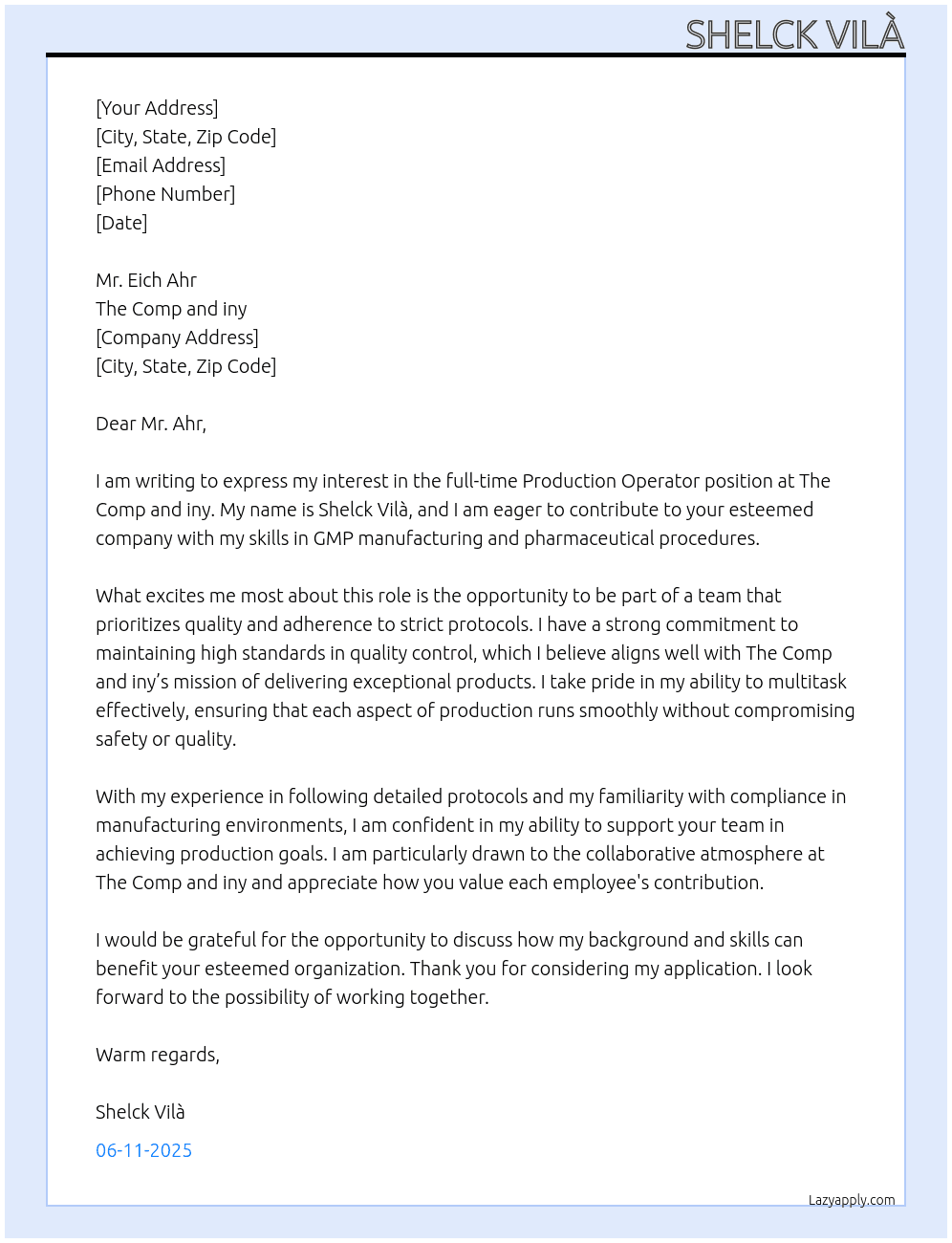 Production Operator At The Comp and iny Cover Letter