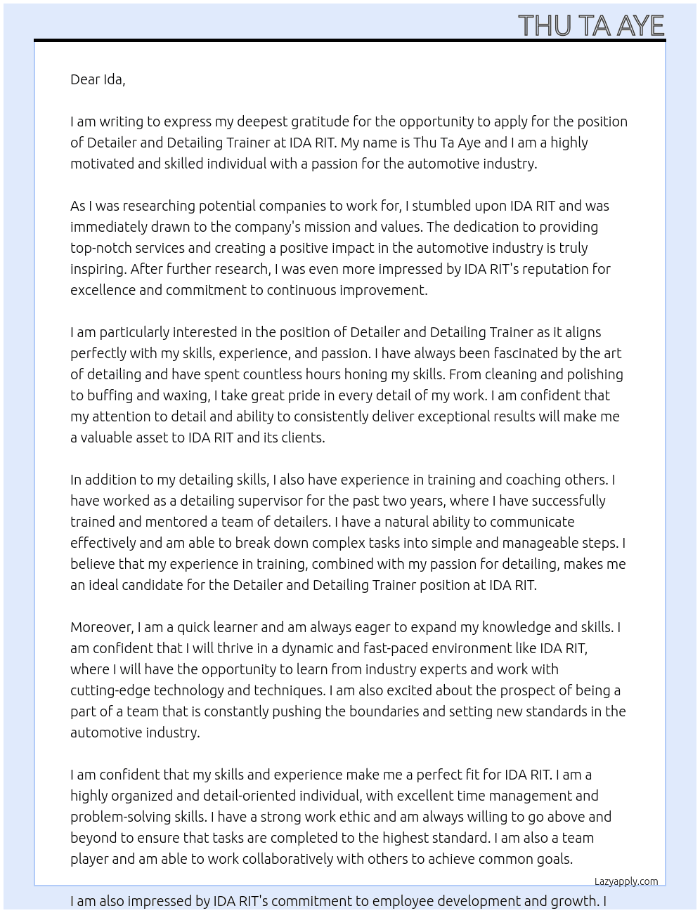 detailer, detailing trainer At IDA RIT Cover Letter
