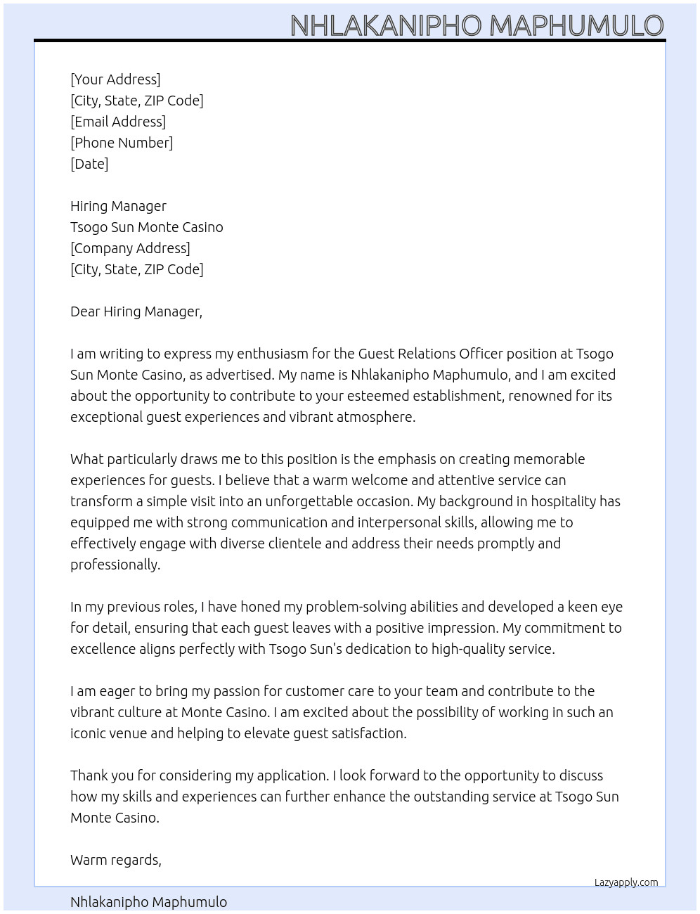 guest relations officer At tsogo sun monte casino Cover Letter