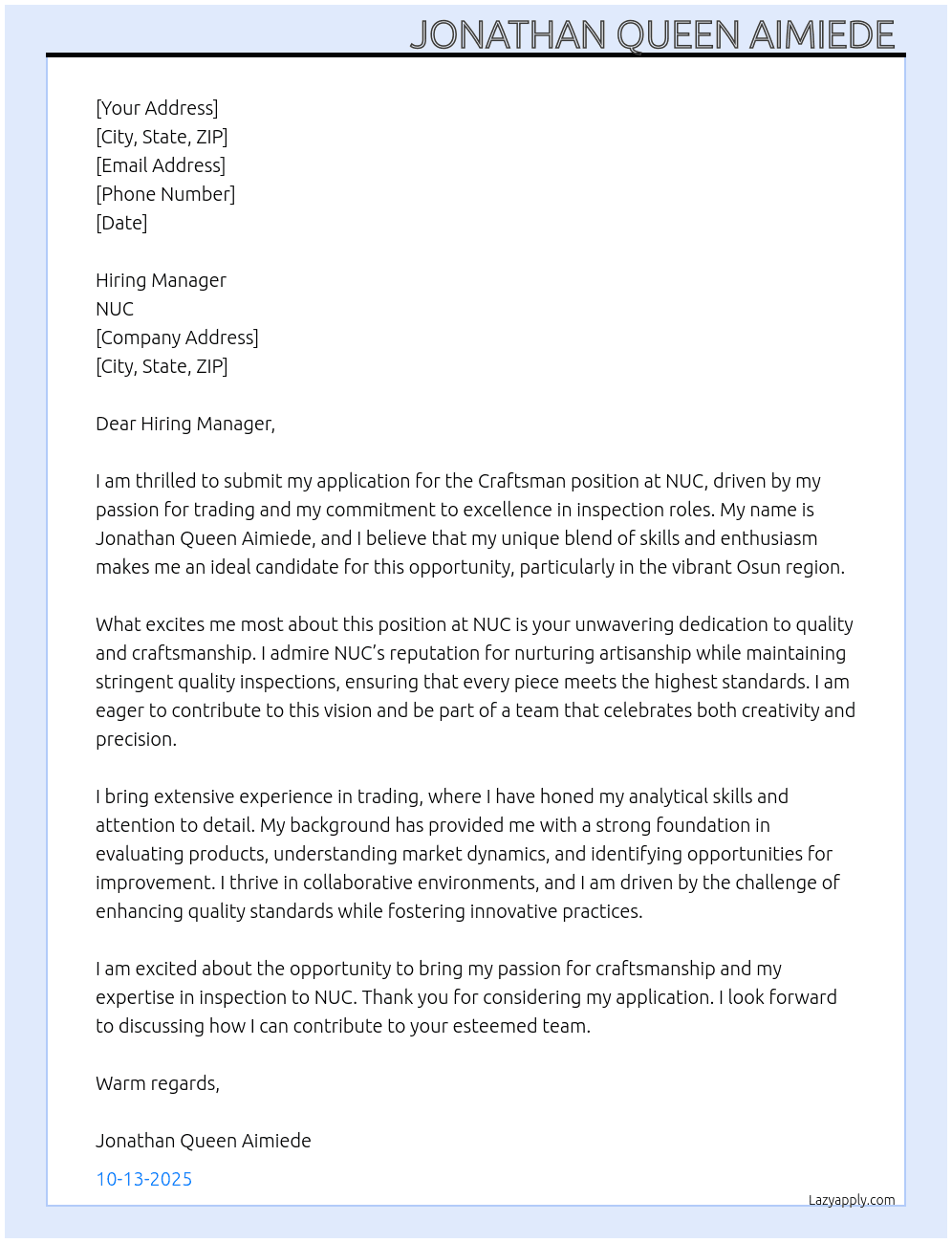 CRAFTSMAN  At NUC Cover Letter