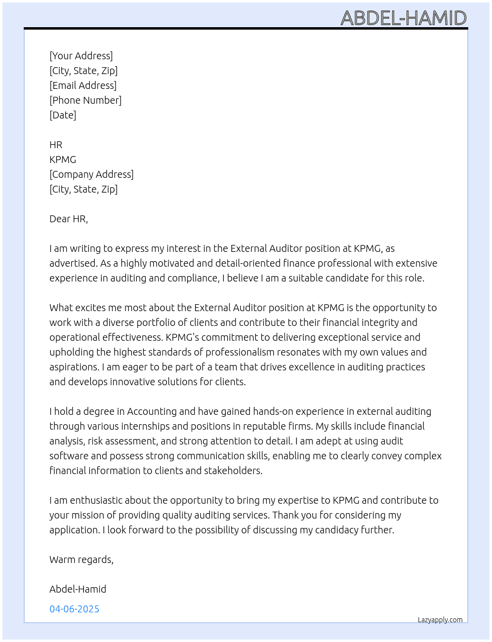 Cover letter for external auditor - LazyApply