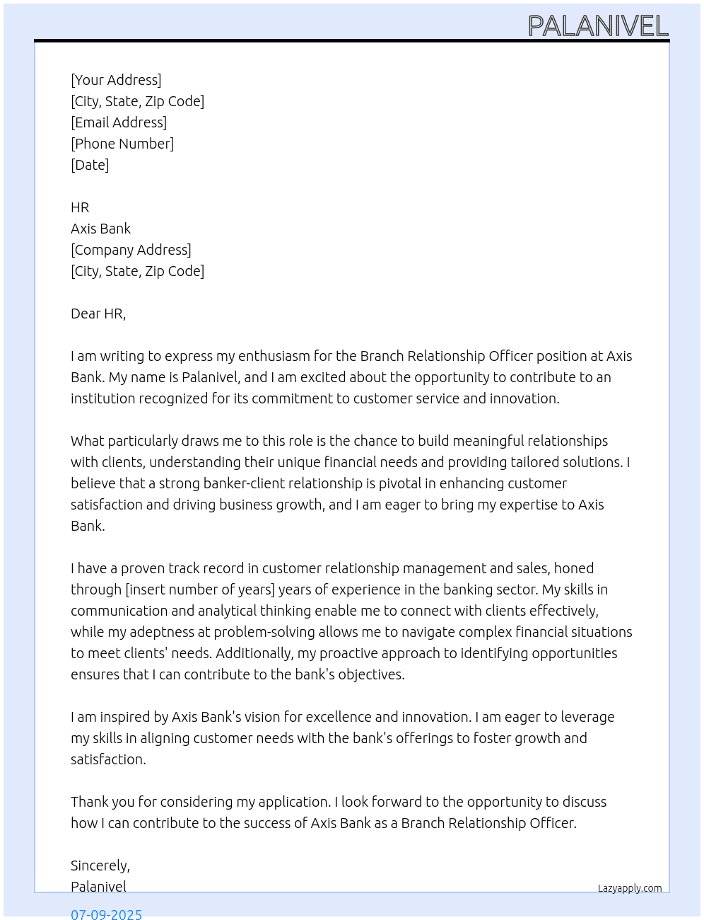 Branch relationship officer At Axis bank Cover Letter