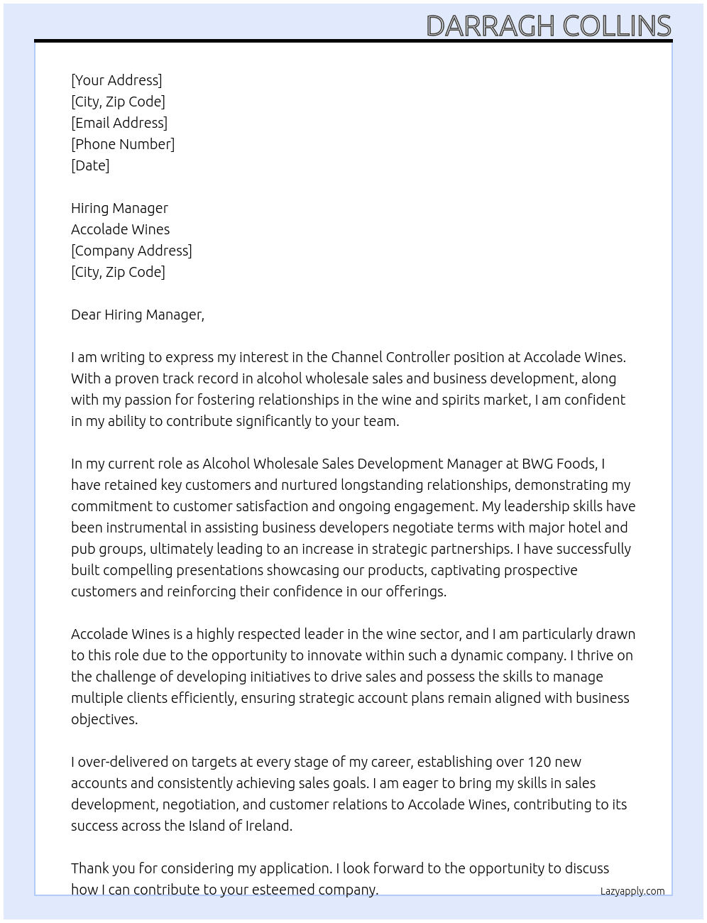 Cover letter for channel controller - LazyApply