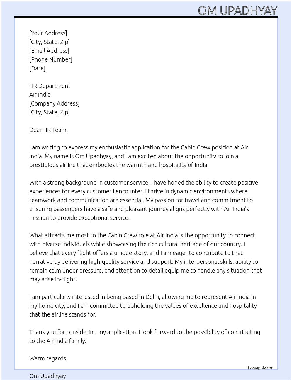 Cabin crew  At Air India  Cover Letter
