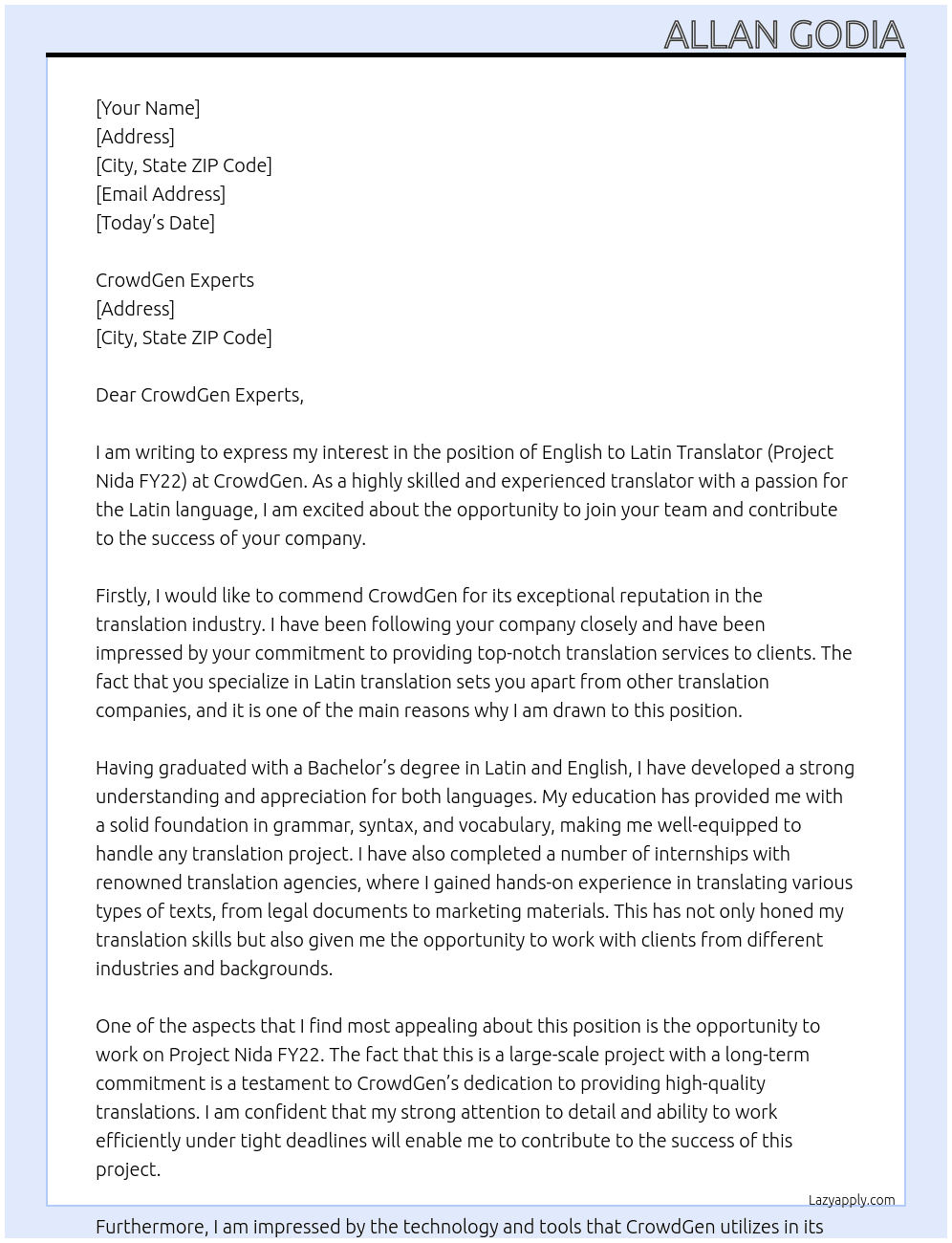 English to Latin Translator (Project Nida FY22); Latin At Crowgen Cover Letter