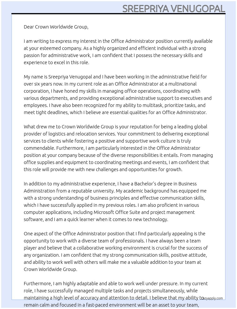 Office Administrator At Crown Worldwide Group  Cover Letter