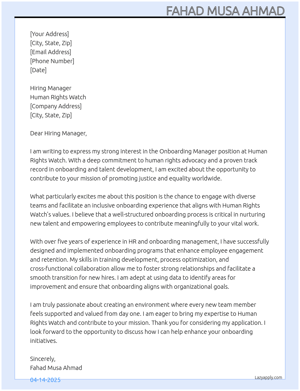 Onboarding Manager At Human Rights Watch Cover Letter