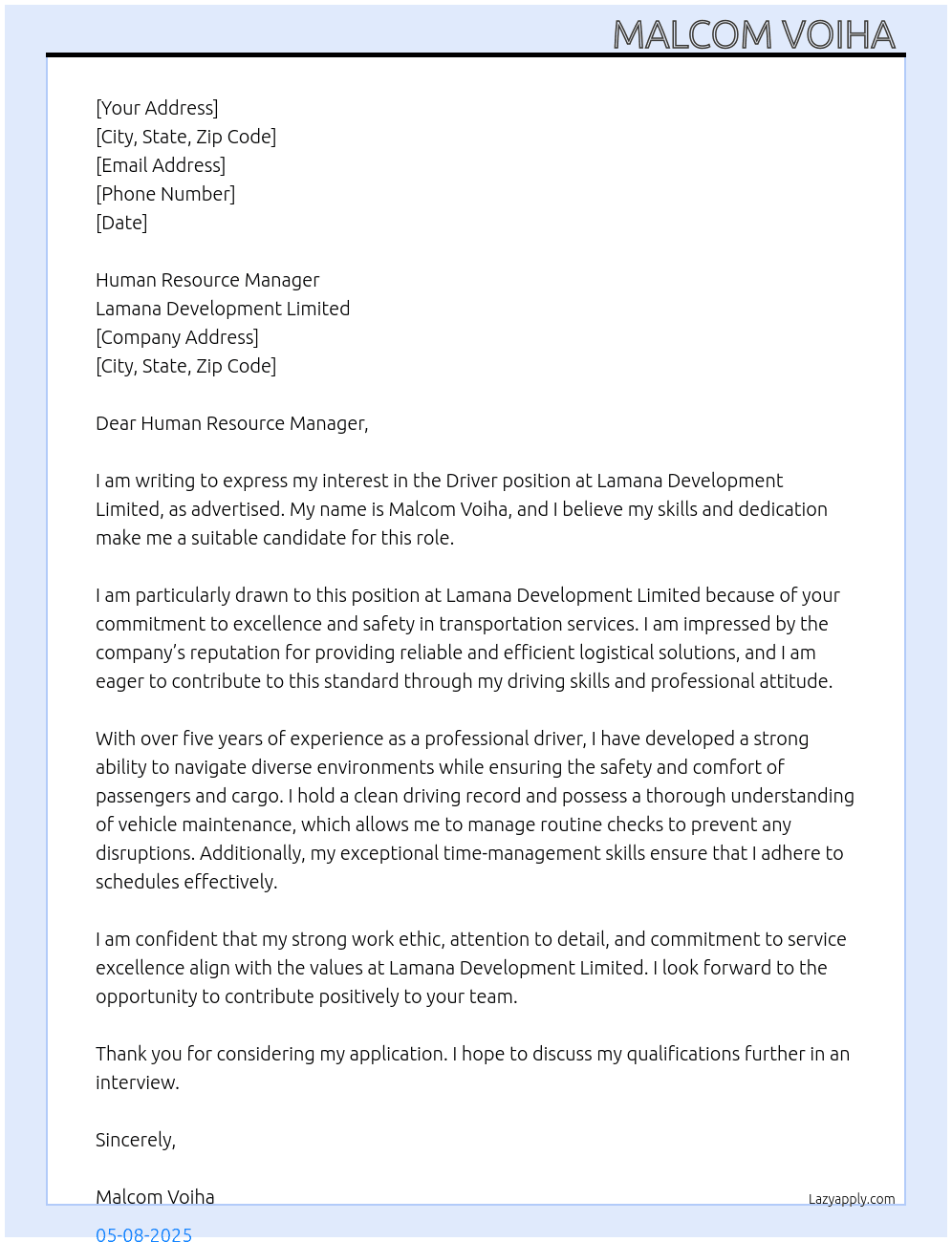 Driver position  At Lamana Development Limited  Cover Letter