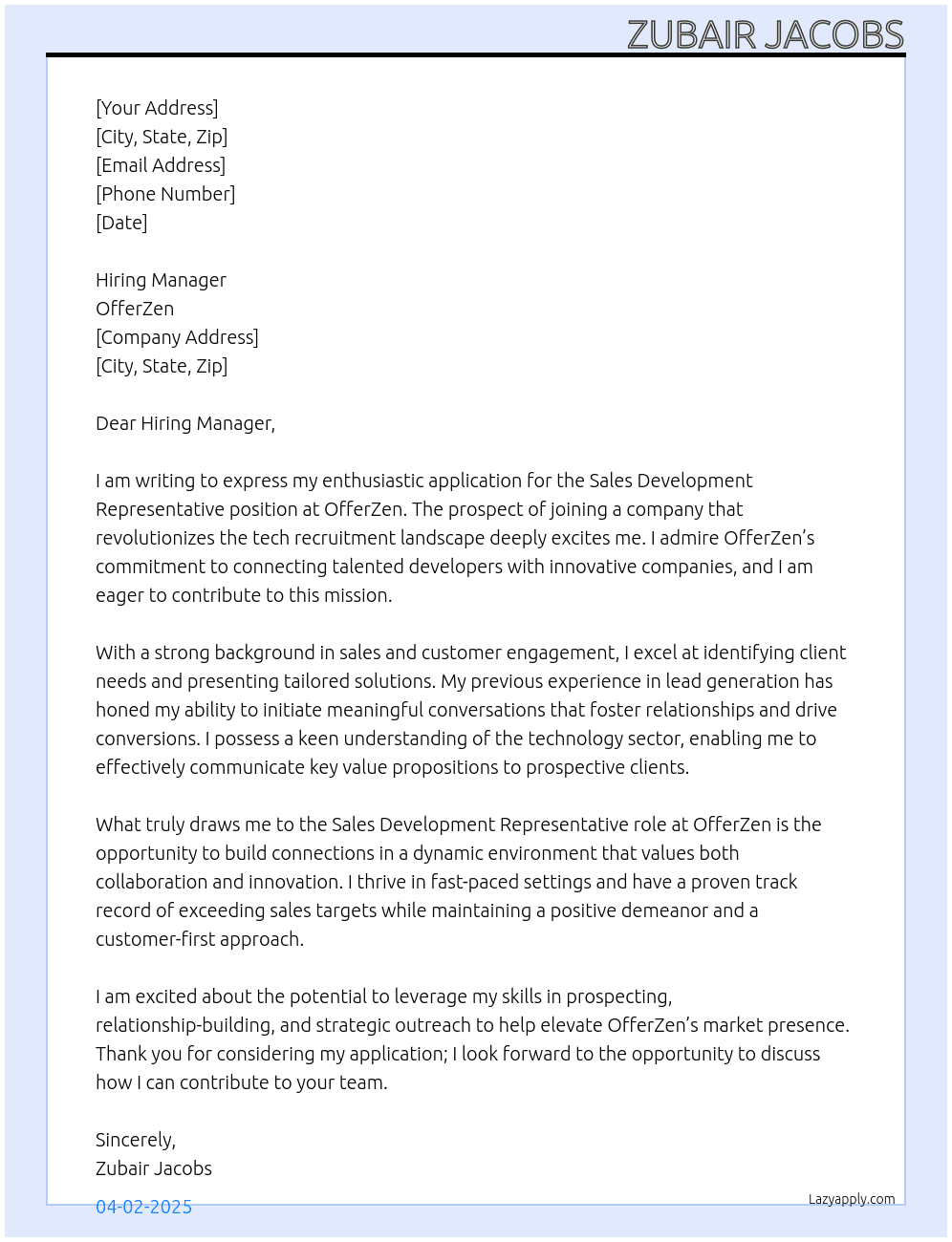 Sale development representative At OfferZen Cover Letter