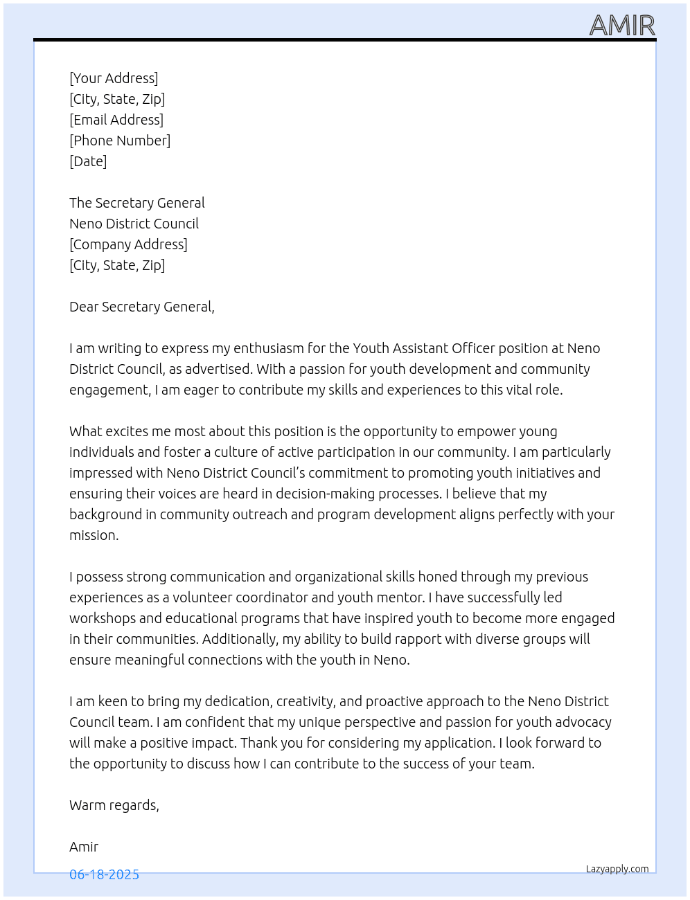 Youth assistant officer At Neno district council Cover Letter
