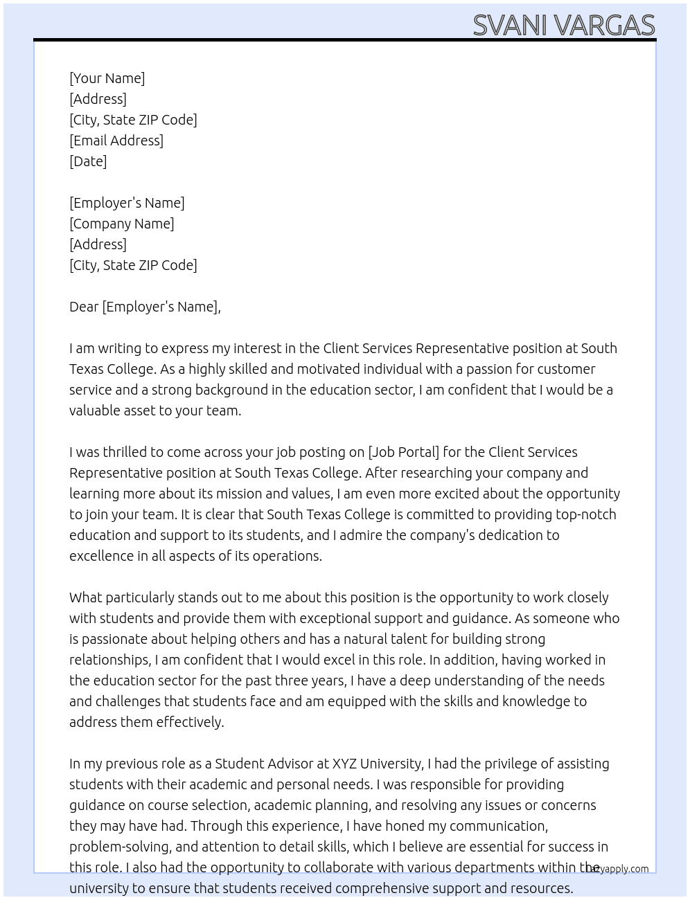 Client Services Representative At South Texas College Cover Letter