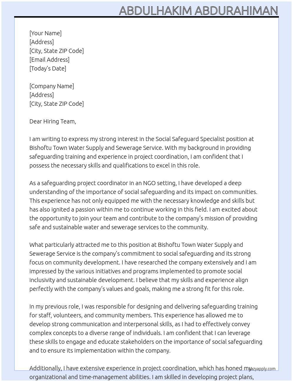 Social Safeguard specialist  At Bishoftu Town water supply and sewerage service  Cover Letter