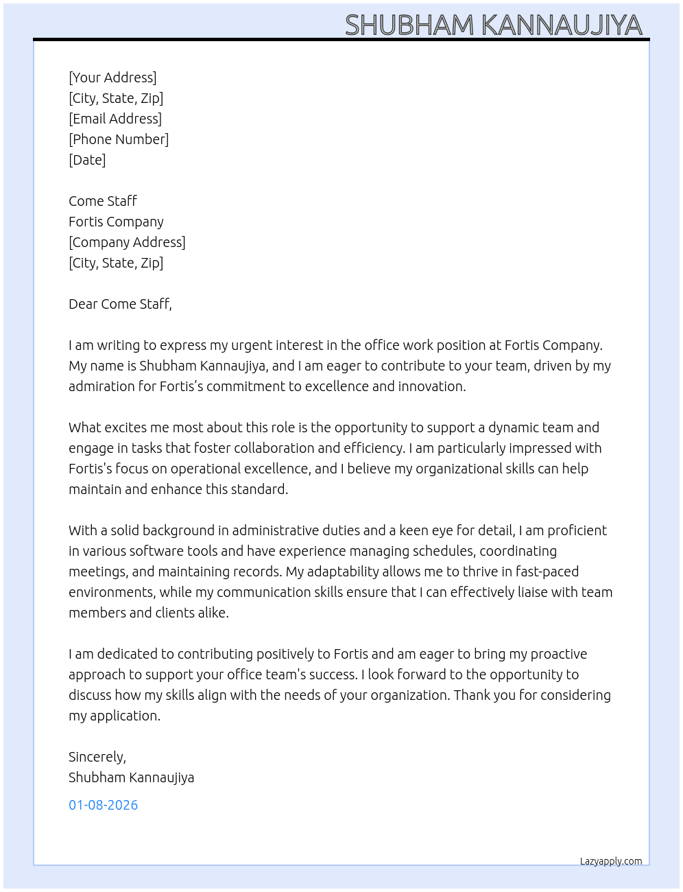 Cover letter for office work - LazyApply