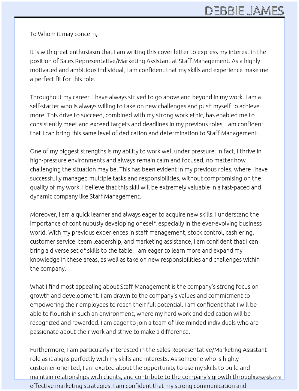 Cover letter for sales  representative / marketing  assistant - LazyApply
