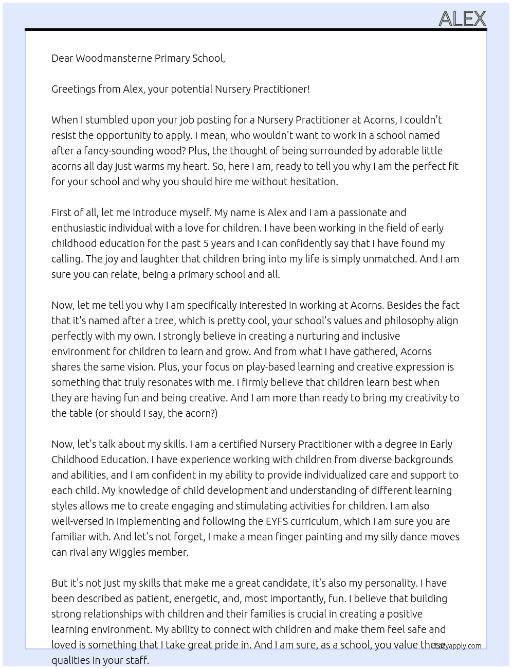 Nursery practitioner  At Acorns Cover Letter