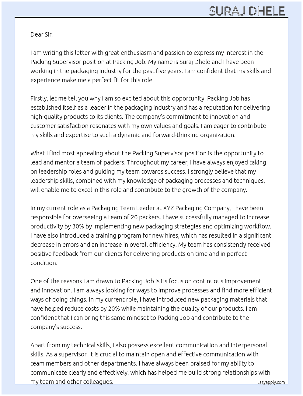 Packing supervisor  At Packing job  Cover Letter