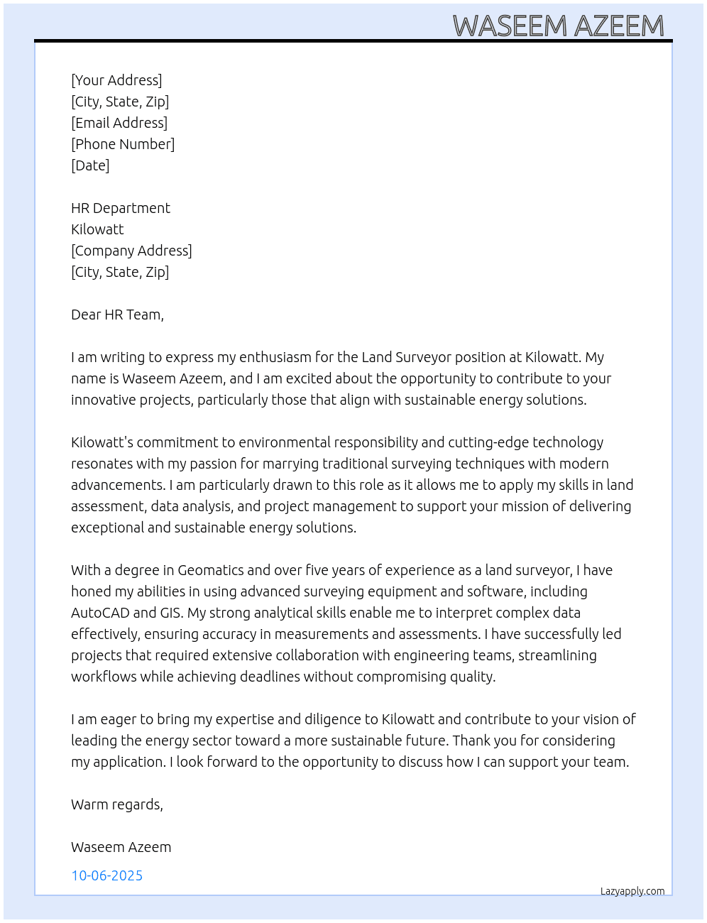 Land Suryour  At Kilowatt  Cover Letter