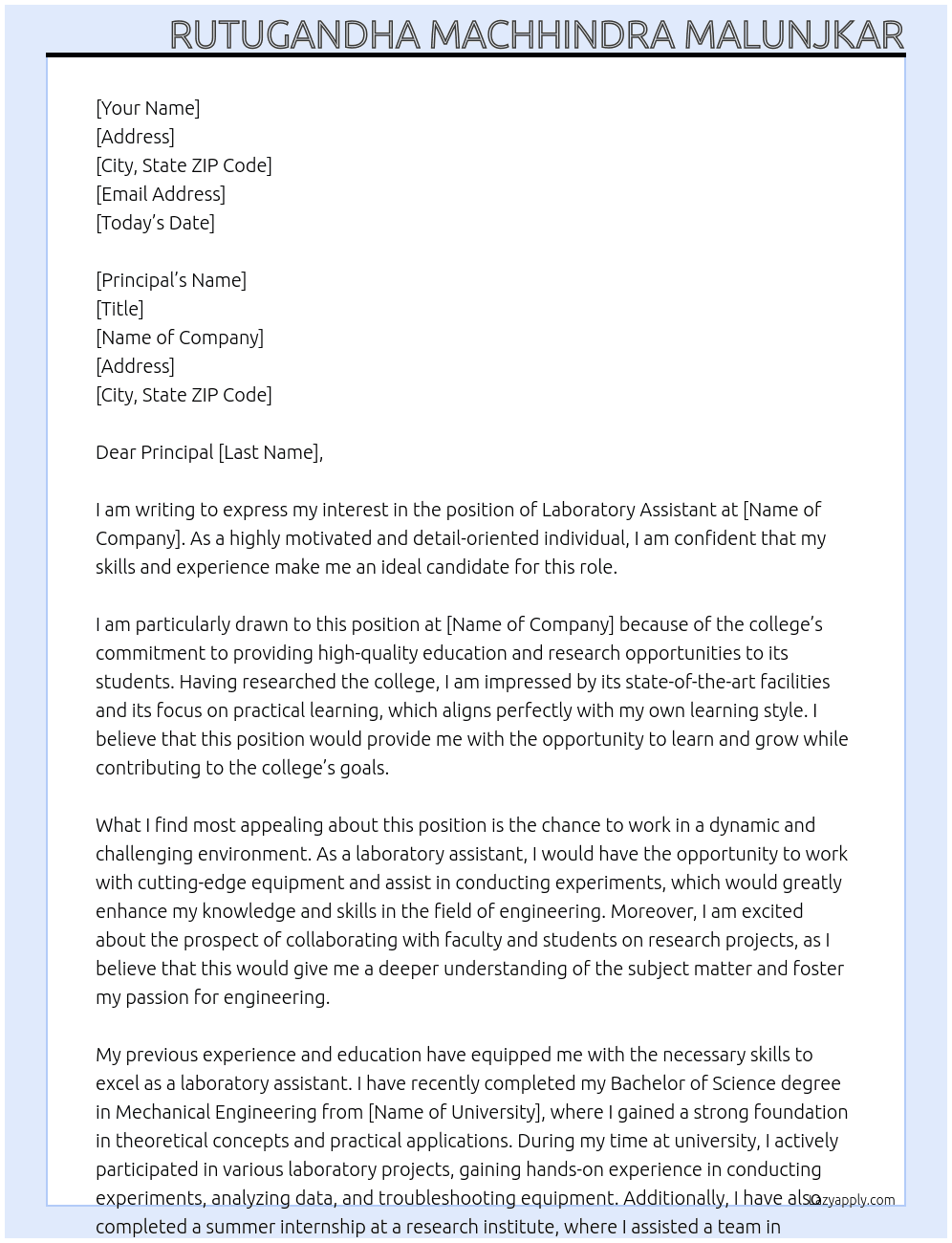 Laboratory assistant  At Engineering college  Cover Letter