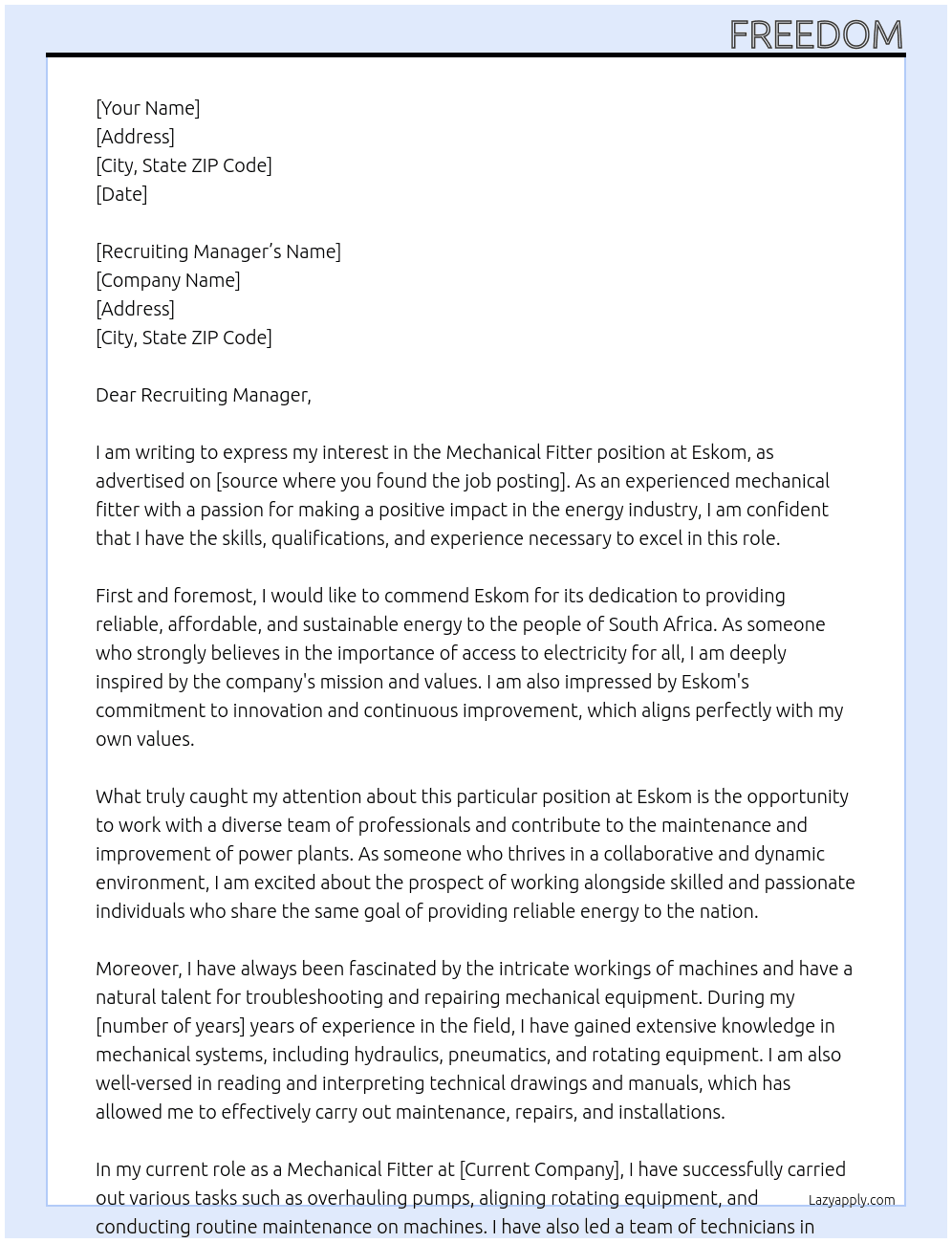 Mechanical fitter At Eskom Cover Letter