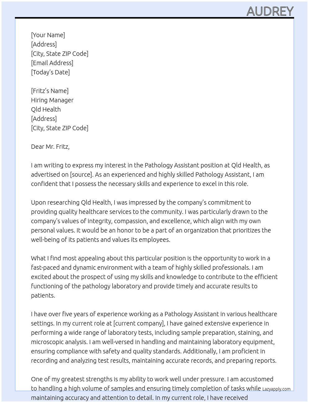 Pathology Assistant At Qld Health Cover Letter