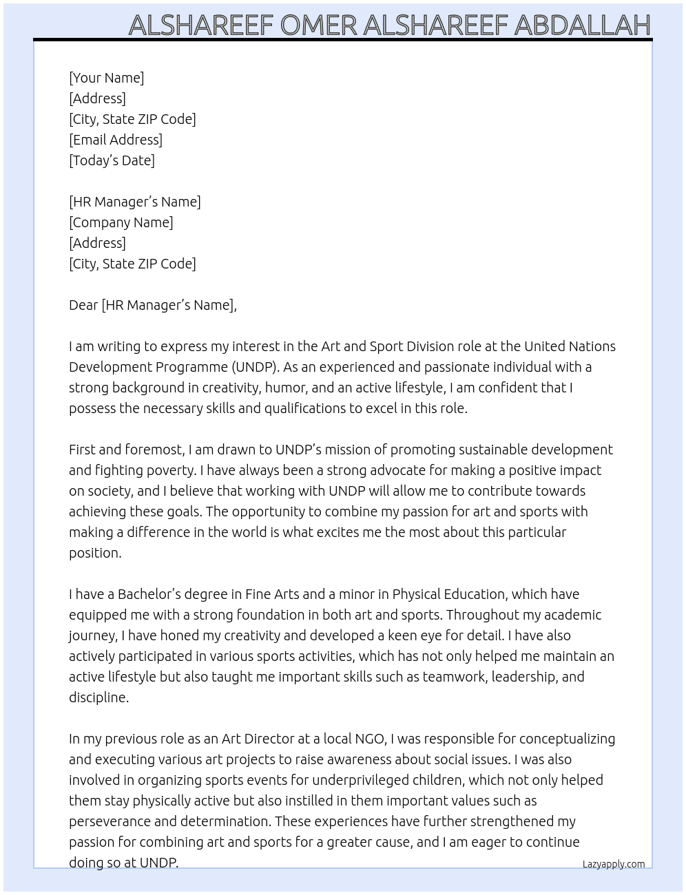 Cover letter for art and sport division at the undp - LazyApply
