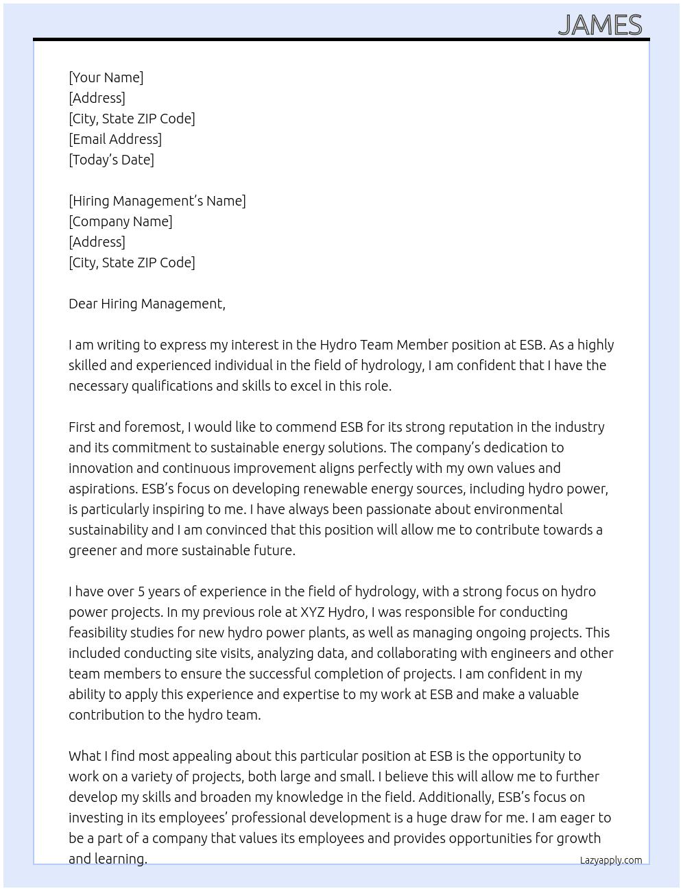Hydro team member At ESB Cover Letter