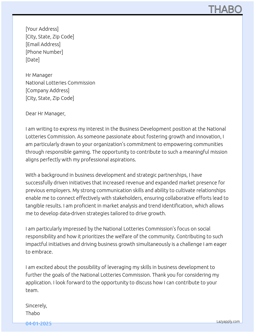 Business Development At National Lotteries Commission Cover Letter