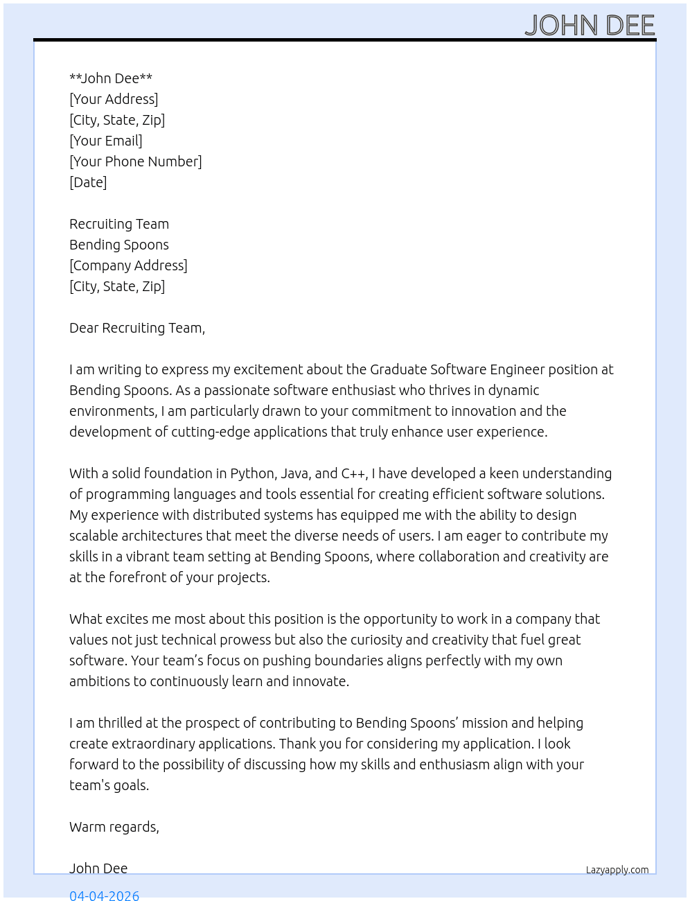Graduate Software Engineer At Bending Spoons Cover Letter