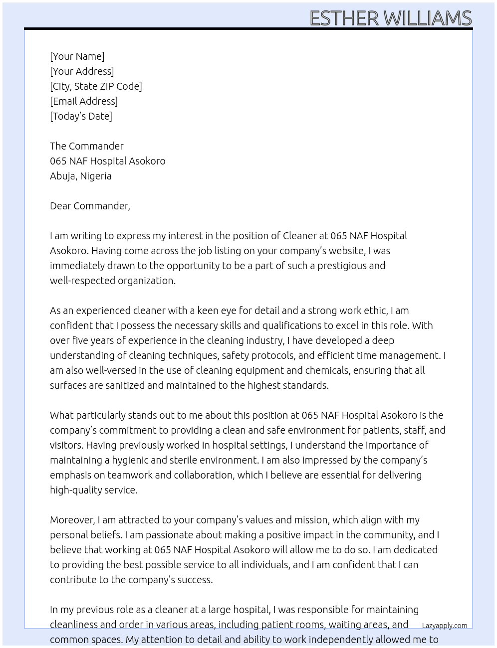 Application for employment as a cleaner At 065 NAF hospital asokoro, abuja Cover Letter