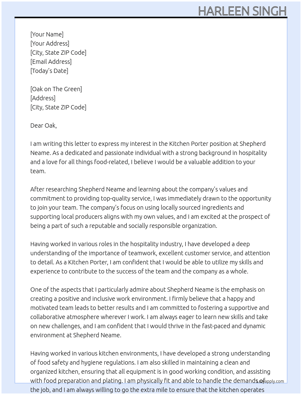 Kitchen Porter At Shepherd Neame Cover Letter