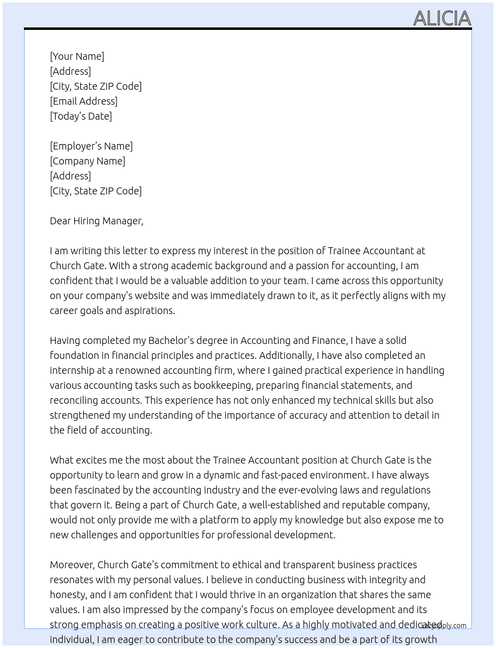 Trainee Accountant At Church gate Cover Letter